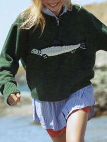 Women Knit Sweater Long Sleeve Soft Crew Neck Cute Fish Graphic Sweater Contrast Color Y2k Pullover Warm Sweater For Fall Winter - Dark Green - View 2