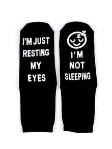 1 Pair Men's Socks, "I'm Not Sleeping, I'm Just Resting My Eyes", Floor Socks, Non-Slip Socks, Funny Socks - Black and White - View 2