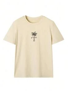 Summer TopsWomen's Minimalist Coconut Tree Slogan Print Casual Round Neck Short Sleeve T-Shirt, Simple & Versatile, Suitable For Daily & Holiday Wear. Graphic Tee, Women, White, Black, PinkLoose And Comfortablesummer Outfits For Women - 杏色 - 查看 4