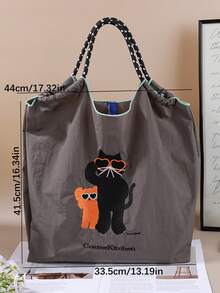 1个刺绣猫咪图案购物手提袋，大容量旅行包尼龙抽绳手提包