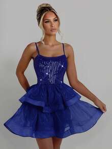 Damen Cocktailkleid Premium Pailletten geschichtetes Organza Saum Kleid Abendkleid für Damen Hochzeitskleid