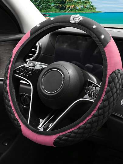 Housse de volant de voiture en PU 3D stéréoscopique brodée, couronne scintillante sans anneau intérieur, 15 pouces, accessoires de voiture confortables, à la mode et nobles