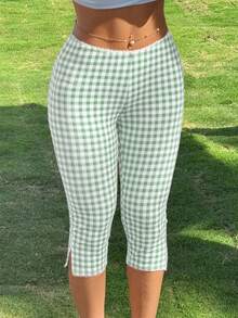 Women's Retro Skinny Fit Gingham Capri Pants With Delicate Lace Trim Side Slit Comfortable Cropped Trousers For Casual Daily Outfits - 綠色 - 查看 1