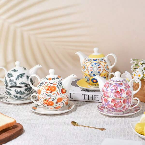 MBB 1 Set Tè per Uno, Set di teiera e tazza in ceramica floreale, Set da tè colorato come regalo per donne e uomini, Set di teiera, tazza e piattino in porcellana con decoro floreale e coperchio, bianco di base, teiera in porcellana stile vintage come regalo per donne per casa e ufficio, tazza da tè riutilizzabile fatta a mano in stile europeo, disponibile in colori rosa, arancione, verde, giallo e altri