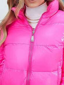 ZIAI Neon Pink Elastic Hem Slant Pocket Zipper Padded Coat - Pink - View 9