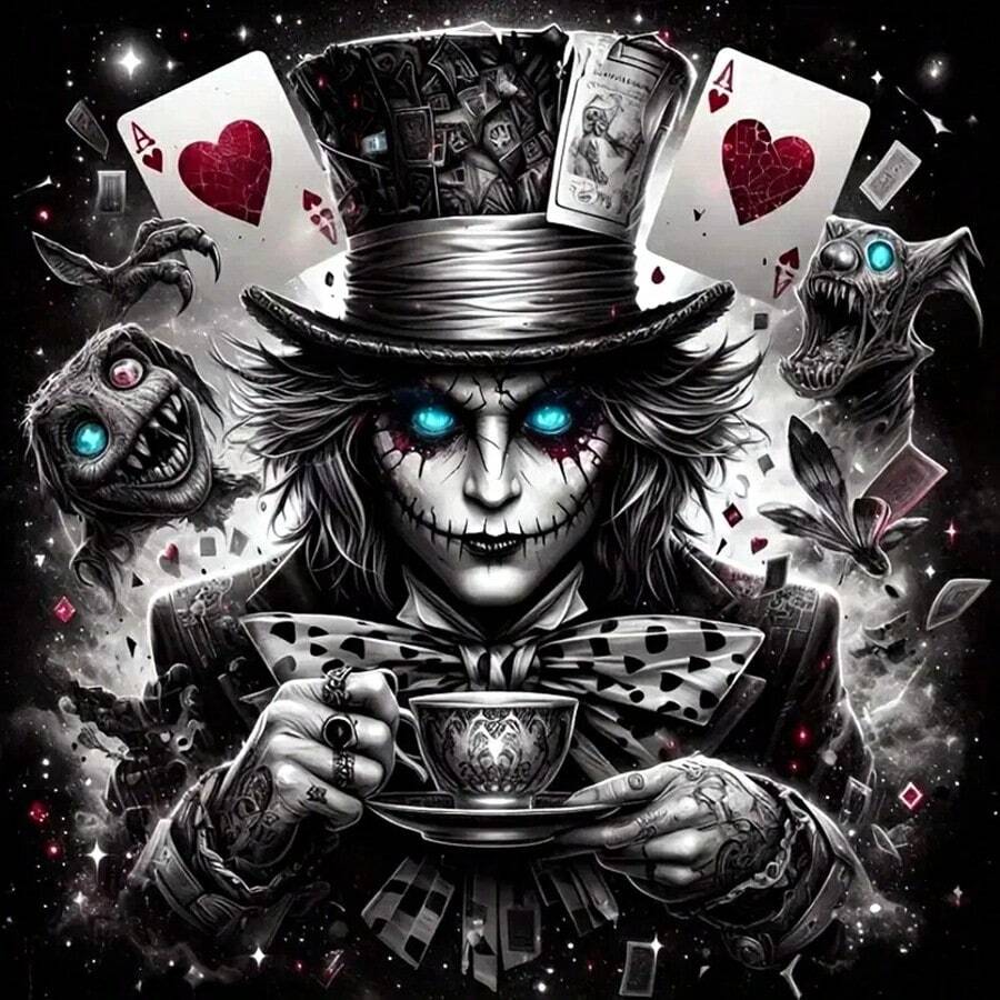5D DIY Diamond Painting Gothic Horror Dark Art Skull Clown, Full Round Diamond Mosaic Cross Stitch Home Decor - Multicolor - View 1