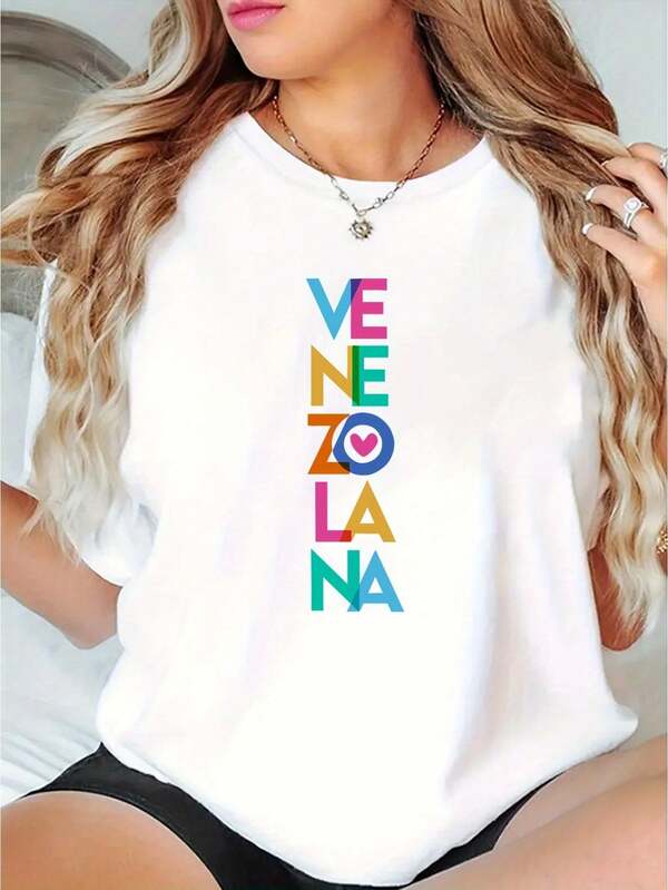 Camisetas femininas,Women's Casual Sports T-Shirt, VeNeZoLaNa Letter Print, Knitted Cotton Fabric, Round Neck, Stretchy, all-Season, Fashionable Leisure Wear