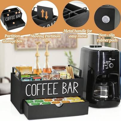 1pc Wooden Coffee Bar Storage Box, For Countertop Coffee Capsule Or Rack, Desktop Organizer Box, Spices And Coffee, Bar Decor, Home Storage, Room Decor