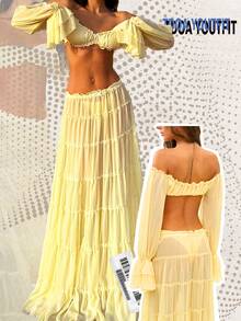 Bộ đồ hai mảnh màu vàng kem dành cho nữ: Áo croptop trễ vai xếp ly và chân váy xếp ly nhiều lớp, trang phục mùa thu cho nữ, váy dự tiệc, trang phục đi chơi, váy dự đám cưới, phong cách cổ tích, nơ, trễ vai mùa xuân. - Màu vàng - Xem 9