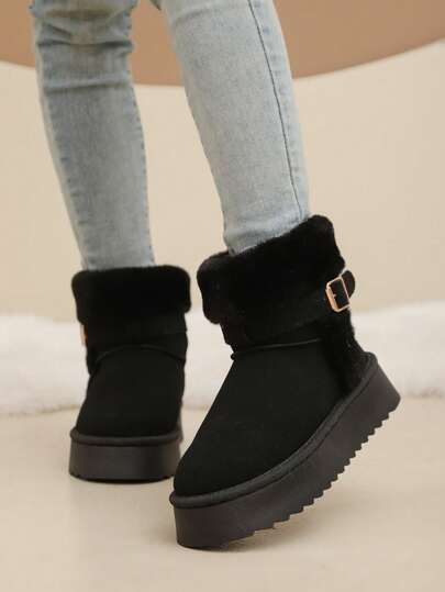 Women's Solid Color Casual Fuzzy Trim Buckle Thermal Lined Thick Sole Flat Snow Boots, Warm And Comfortable For Outdoor Winter