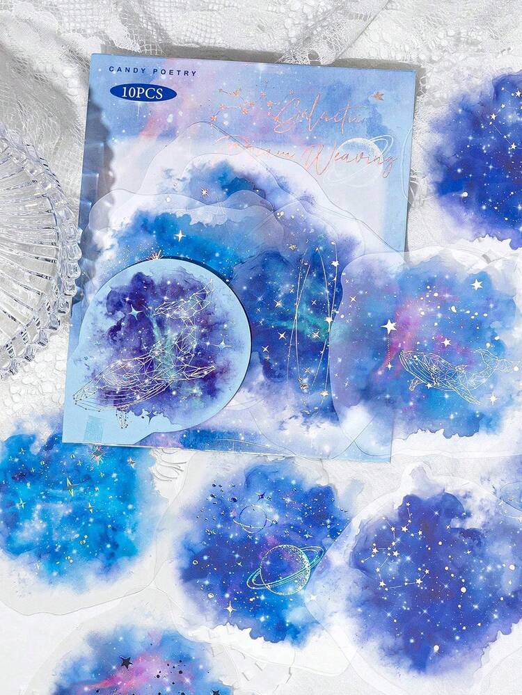 CANDY POETRY 10 pièces/paquet Autocollants holographiques tie-dye aquarelle, autocollants décoratifs créatifs et esthétiques, matériaux d'artisanat de décoration DIY, cadeaux de fête, fournitures scolaires personnalisées pour scrapbooking - Bleu azur - Voir 3