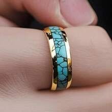 1 Pc Jewelry Accessories Fashion Stainless Steel Rings For Men Vintage Shell Inlay Imitation Turquoise/ Imitation Abalone Shell/ Inlay Brown Wood Men Rings Party Gift - Hồng - Xem 4