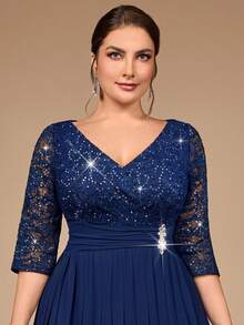 Đầm dài dự tiệc trang trọng, cổ chữ V, đính sequin, ren hoa, tay lỡ 3/4, đính đá, eo nhún, xếp ly tương phản, chất liệu chiffon, thích hợp cho đám cưới, sinh nhật, lễ tốt nghiệp, tiệc tối, cỡ lớn, thanh lịch, mùa xuân. - Màu xanh hải quân - Xem 7