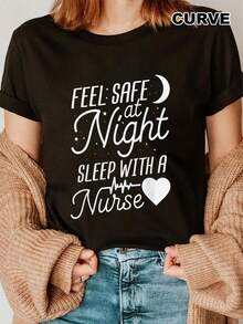 Camiseta gráfica negra para mujer, de algodón de 180 g, con estampado de enfermera, cuello redondo y manga corta. Ideal para dormir tranquilamente. Divertida camiseta informal para enfermeras. Top de dormir cómodo. - Negro - Ver 2