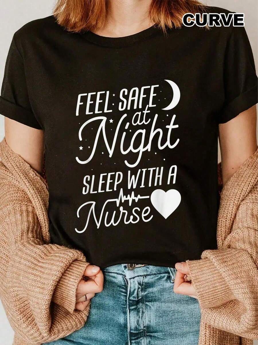Camiseta gráfica negra para mujer, de algodón de 180 g, con estampado de enfermera, cuello redondo y manga corta. Ideal para dormir tranquilamente. Divertida camiseta informal para enfermeras. Top de dormir cómodo.