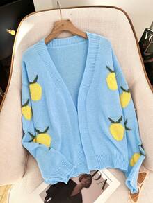 Plus-Size Women's Fall And Winter Fashionable V-Neck Long-Sleeve Knitted Cardigan, With Mango Jacquard Color-Blocking Design, Ideal For Sweet And Casual Daily Wear And School Outfits.