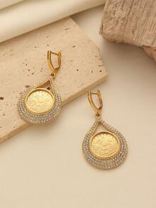 1 Cặp bông tai mặt dây chuyền hình đồng xu mạ vàng pha lê hợp kim đồng thanh lịch, thích hợp làm trang phục hàng ngày và quà tặng ngày lễ cho phụ nữ - Vàng - Xem 2