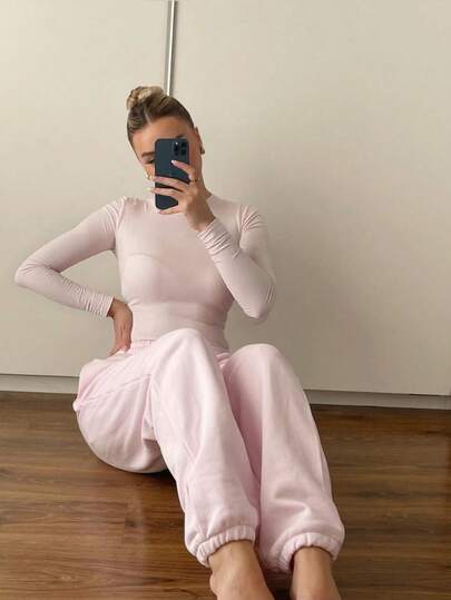 2 pièces Ensembles coordonnés de couleur unie décontractés pour femmes, tenue de jogging à cordon automnal, vêtements de détente confortables et sportifs, ajustés et mignons