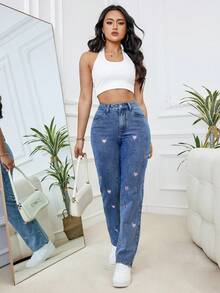 Women's Fashion Casual Plus Size Medium Wash Blue Elastic Denim Jeans With Pink Heart Embroidery, Comfortable & Soft, Suitable For Spring, Summer, Autumn, Winter - Medium Wash - View 6