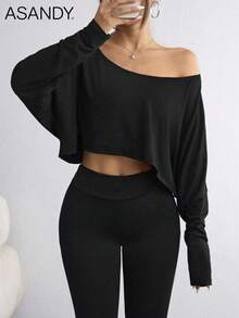 2 piezas Camisetas de mujer con hombros descubiertos, blusas casuales sueltas, conjunto de uso diario y para el hogar, otoño/invierno - Multicolor - Ver 4