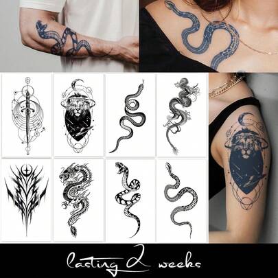 CAT QUEEN ART 8pcs Minimalist Sexy Temporary Tattoos, Classic Dragon/Snake/Animal Totem Designs, 1-2 Weeks Waterproof Realistic Tattoo Stickers, Suitable For Chest, Waist, Abdomen, Thigh, Shoulder, Neck, Collarbone, Natural Plant Ingredients, Ideal For Music Festivals, Valentine's Day, Carnival, DIY Party Gifts