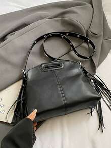 新款时尚女士单肩包，纯色简约流苏设计，优质PU皮革，优雅单肩/手提包，适合约会、购物，百搭精致 - 黑色 - 查看 7