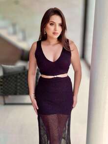 Women's Long Dress With Slit Midi Knit With Lurex Elegant Party - 黑色 - 查看 2