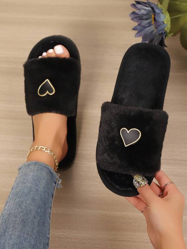 Heart-Shaped Plush Slippers For Women, Soft & Comfortable Flat Open Toe Slides, Lightweight & Suitable For Living Room & Bedroom, All Seasons