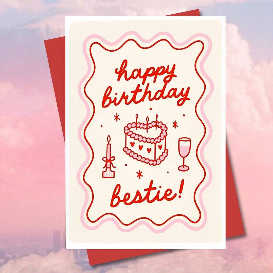 1pc Heartfelt Birthday Card For Bestie With Funny Love Poem, Pink & White Design - Ideal Spring Birthday Gift For The Best Friend, Bestie Birthday Card|Charming Aesthetic|Paper Card - Multicolor - View 1