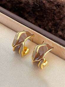 3 Pairs Minimalist Elegant Vintage French Chic Asymmetrical Drip Oil Geometric Design Sophisticated Mini Earrings Set, Suitable For Daily Wear, Commute, Casual, Autumn/Winter - Brown - View 6