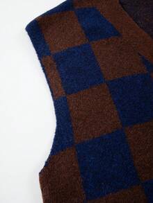 Unisex Casual Loose Fit Textured Plaid Pattern Sleeveless Button-Front Cardigan Sweater, Versatile For Spring, Autumn, Winter - Brown - View 6