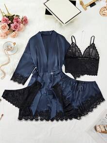 5-Piece Women's Satin Pajama Set - Floral Lace Camisole & Panties + Bow Shorts + Belted Robe - Luxury Sleepwear & Loungewear - Royal Blue - View 3
