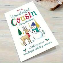 1pc Festive Christmas Card For Cousin - "To A Wonderful Cousin Merry Christmas" Greeting With Reindeer, Snowman & Holiday Decorations - Perfect Family Gift For Winter Celebrations, Holiday Greeting Card|Playful Design|Paper Christmas Card, Christmas Cards