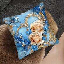 TOPSSCTR 4 Stücke, 2D Flach Digital Bedruckte Elegante Blumen & Schmetterling Dekorative Kissenbezüge - Einseitig Blau & Golden Blumen Bedrucktes Design, Weicher Polyesterstoff, 45x45 cm Quadratisch mit Reißverschluss, Maschinenwaschbar für Sofa, Schlafzimmer, Wohnzimmer Dekoration, Schlafzimmer Accessoires, Leuchtende Kissenbezüge