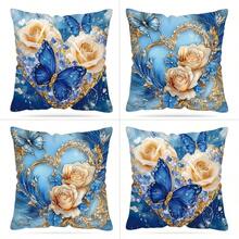 TOPSSCTR 4 Stücke, 2D Flach Digital Bedruckte Elegante Blumen & Schmetterling Dekorative Kissenbezüge - Einseitig Blau & Golden Blumen Bedrucktes Design, Weicher Polyesterstoff, 45x45 cm Quadratisch mit Reißverschluss, Maschinenwaschbar für Sofa, Schlafzimmer, Wohnzimmer Dekoration, Schlafzimmer Accessoires, Leuchtende Kissenbezüge