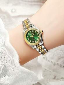 （女孩）简约高颜值时尚水钻圆点刻度表盘钢带石英表，适合生日礼物，光棍节 1 件/套 - 綠色 - 查看 4