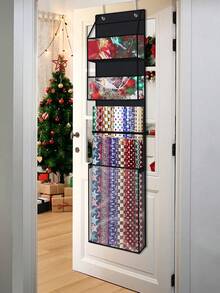 1pc Christmas Hanging Gift Bag, Black Gift Wrapping Organizer Bag With Handle And Hook, Foldable Non-Woven Fabric Gift Wrap Storage Bag, Christmas Floral Wrapping Paper Container, Thanksgiving & Christmas Holiday Wrapping Paper Organizer Bag, Suitable For Various Sizes Of Wrapping Paper - Black - View 1