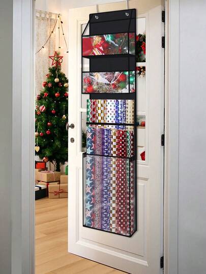 1 st hängande presentpåse för jul, svart presentinslagningspåse med handtag och krok, vikbar förvaringspåse i non-woven tyg för presentinslagning, behållare för julblommor i omslagspapper, omslagspapper för Thanksgiving och julhelger, lämplig för olika storlekar av omslagspapper