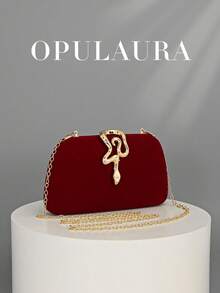 OpulAura 女士复古时尚天鹅绒手拿包，蛇扣设计，欧美风格，高端简约盒形手提包，适合婚礼、庆典、正式活动、派对、单肩包、高品质链条肩带 - 酒紅色 - 查看 2