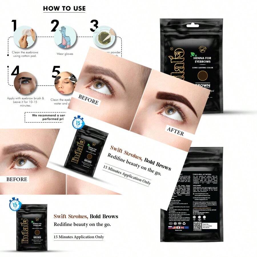 Indalo Brown Eyebrow Henna 10g Pouch Brow Color Powder SmudgeProof And WaterResistant Vegan CrueltyFree Gentle Formula 20 Applications