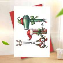1pc Christmas Hairstylist Thank You Card - Holiday Greeting Card For Salon, Designed With Scissors, Comb And Hairdryer - Red And Green Christmas Theme - Includes Matching Envelope - Suitable For Hairstylists, Stylists, Customers - Christmas, New Year, Salon Appreciation Gift - Paper Card, Playful Illustration, Premium Cardstock, Stylist Expression