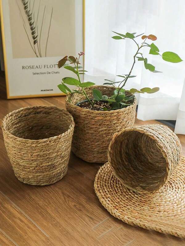 Handcrafted Woven Basket Plant Pot Cover, Seagrass Rope Basket For Home Living Room, Wicker/Rattan/Bamboo Handicraft Flower Basket - Perfect For Indoor Or Outdoor Decor (Random Color) Gifts Birthday Graduation