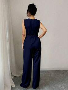 Palazzo mujer Casual de Escote Redondeado y Detalle cinturón, Pierna Amplia y Suelta para Mujer Primavera / Verano con elegancia sutil mono jumpsuit - Azul Marino - Ver 3