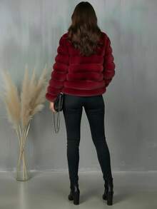 Abrigo Elegante de Color Sólido con Parte Delantera Abierta y de Peluche, Envolvente para Mujer Ideal para Otoño/Invierno - Rojo - Ver 4