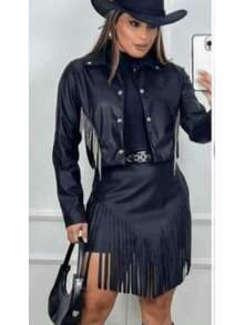 Fringe Jacket And Skirt Set, Faux Leather Fabric, Size M And L - màu đen - Xem 3