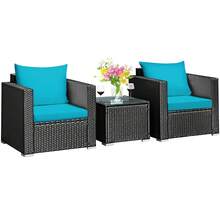 3PCS Patio Rattan Wicker Furniture Set Sofa Table W/Cushion Turquoise - 預設 - 查看 1