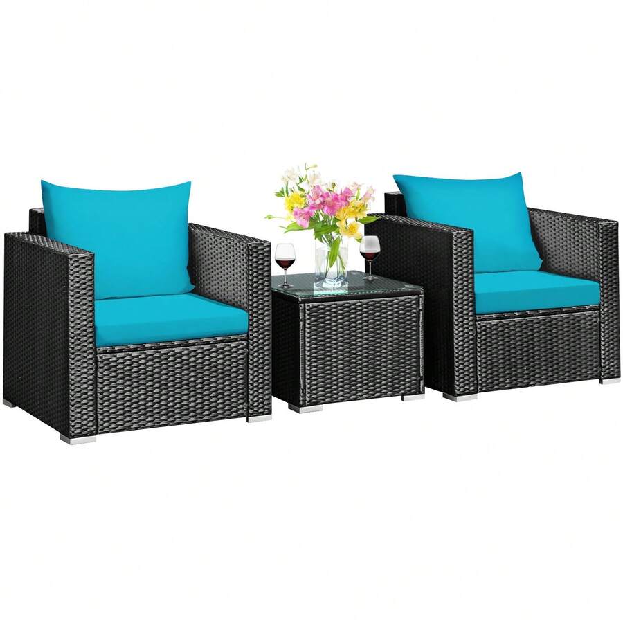 3PCS Patio Rattan Wicker Furniture Set Sofa Table W/Cushion Turquoise - 預設 - 查看 1
