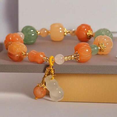 Vintage Bohemian Style Natural Stone Pumpkin Bead Bracelet, Light Luxury, Unique High-End Feel, Natural Stone Gourd Bracelet, Holiday