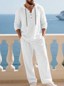 Fall Linen Men's Casual Suit -  Loose-Fitting Hooded Shirt, Long-Sleeved Pants Set - trắng - Xem 1