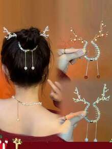 1 pieza Clip para el cabello con borla de cuerno de ciervo de cristal, adecuado para mujeres, regalo para vacaciones y Año Nuevo - Multicolor - Ver 7